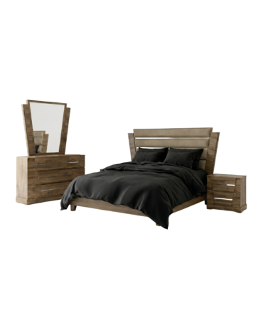 Recámara Koi-Monarca King Size 4 Piezas Cabecera Tapizada y Tocador – Color Madera de Parota 